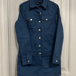 Zara blue denim mini dress in blue with long sleeves